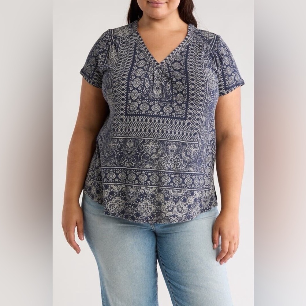 Lucky Brand Linen Blend Bohemian Paisley Print Blue Tops